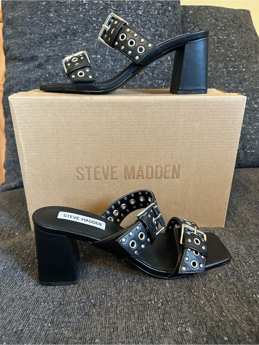 Steve Madden Black Grommet Buckle Block Heel Mules - Picture 4 of 8